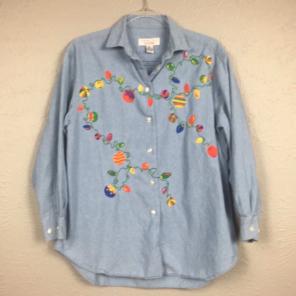 Vintage Embroidered Christmas Blue Long Sleeve Top